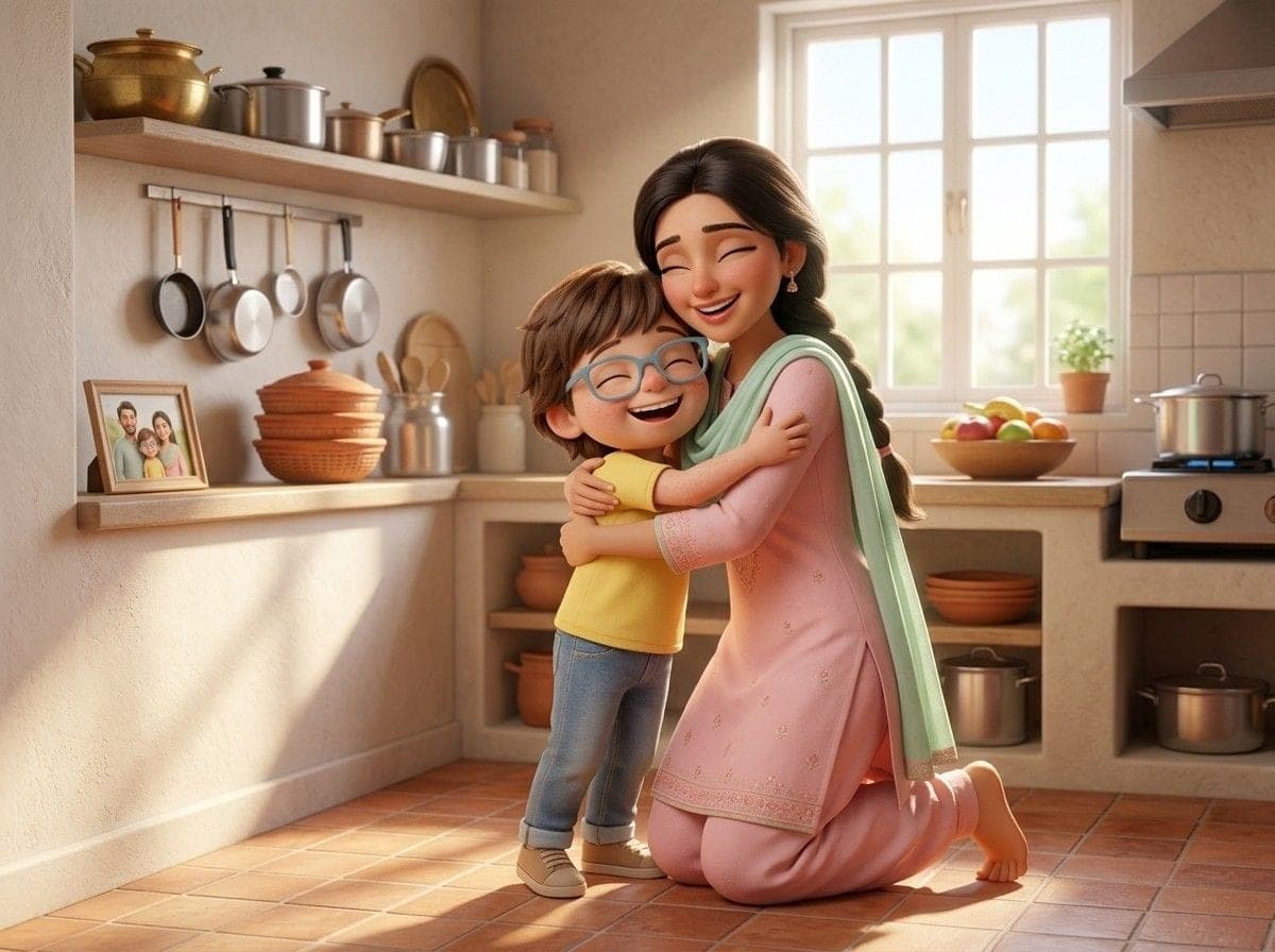 Ammi hugging the child in the kitchen