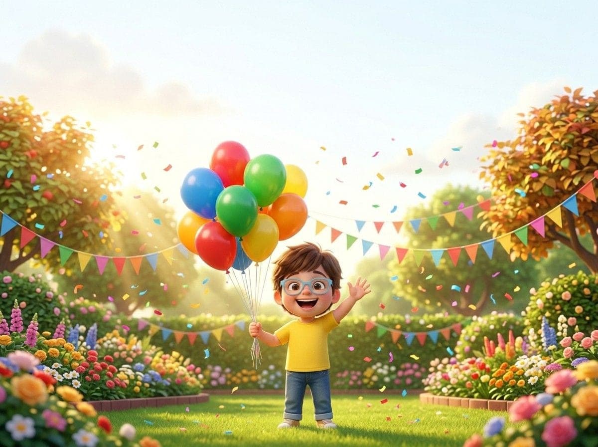 3D style book cover of a child waving with balloons