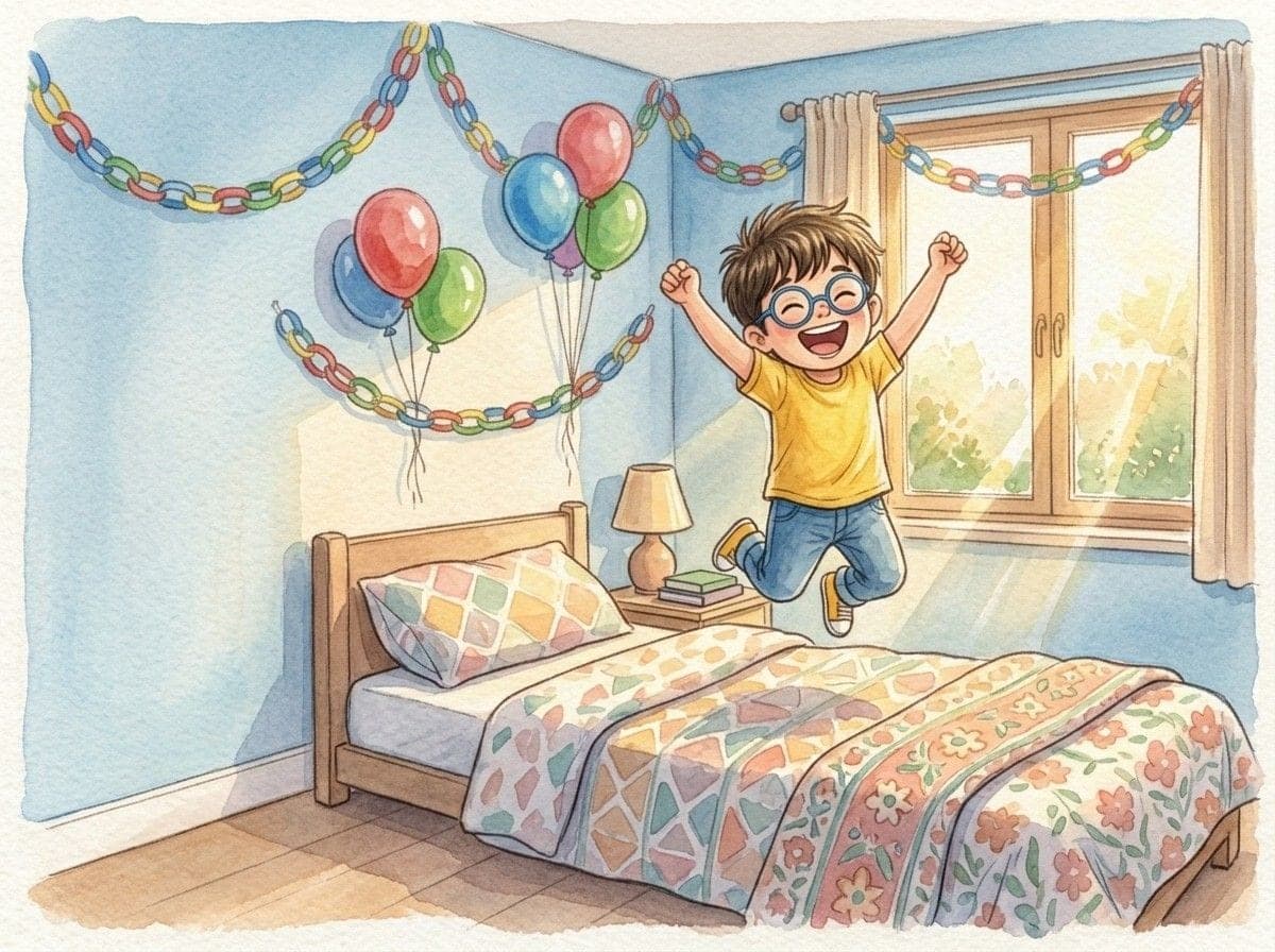 Child jumping on the bed on their birthday morning
